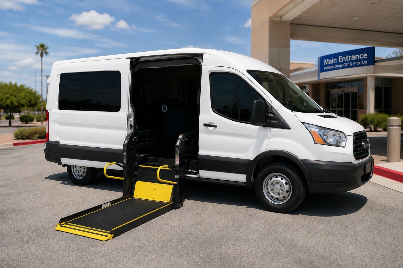 Wheelchair-accessible transport van with lift deployed
