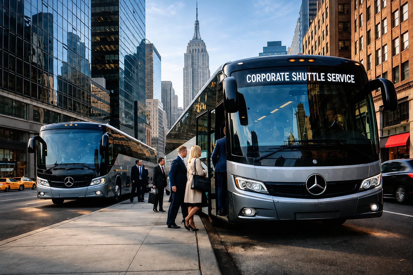 Corporate shuttle coaches picking up business travellers downtown